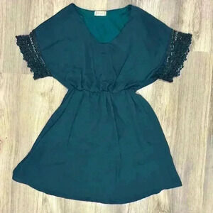 Altar’d State Mini Short Sleeve Dress Teal Crochet Hem Elastic Waist Size S